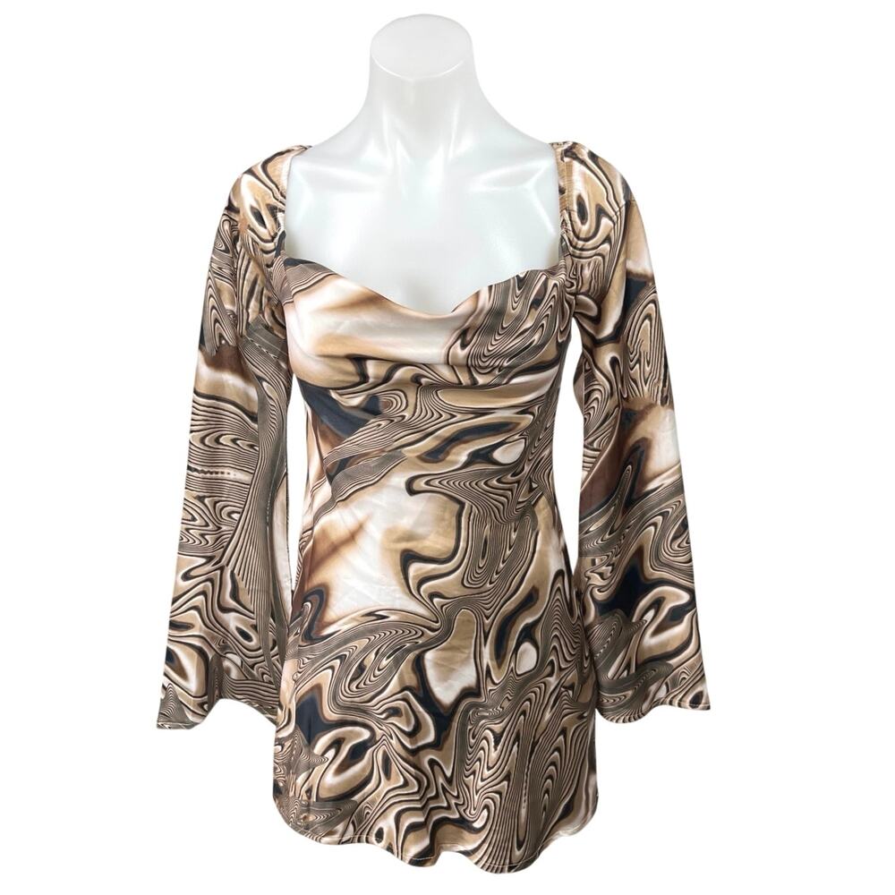 Princess Polly Corban Brown Silky Satin Bell Sleeve Mini Fit & Flare Dress Sz 0